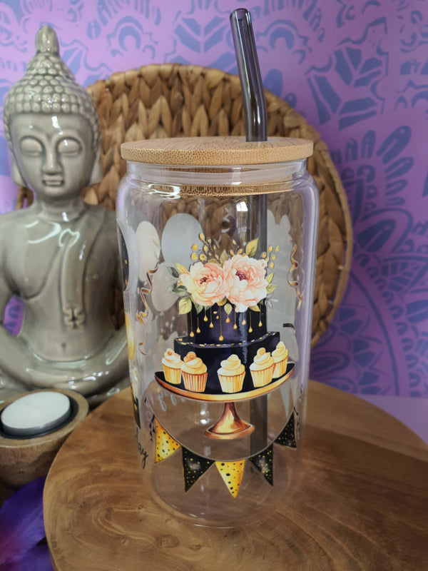 Drinkglas (blikvormige tumbler) met bamboe deksel en rietje &