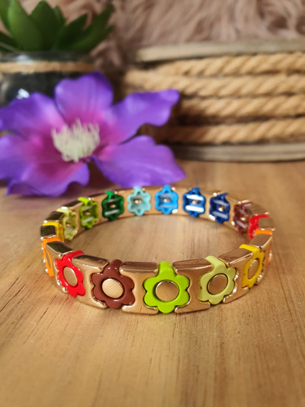 Emaille armband Bloemen Goud/Regenboog (nr 22)