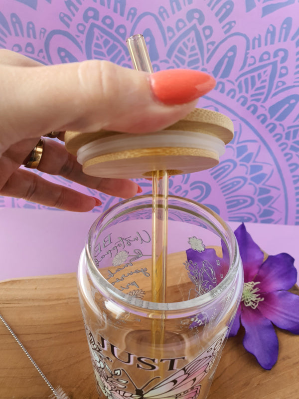 Drinkglas (blikvormige tumbler) met Bamboe deksel en rietje &