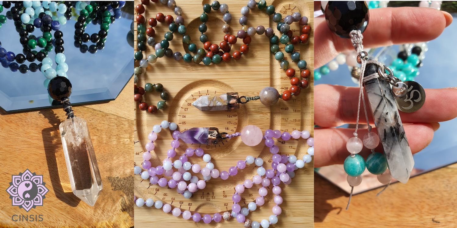 Edelsteen Mala kettingen met edelsteen hangers van cinsis, handgemaakt