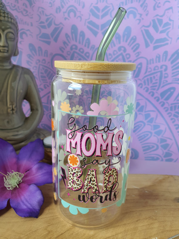 Drinkglas (blikvormige tumbler) met Bamboe deksel en rietje &
