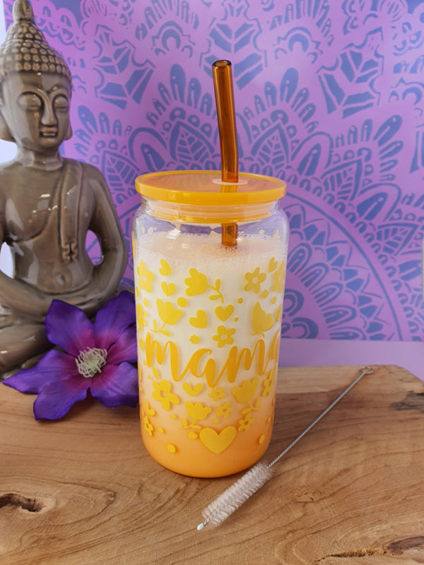 Drinkglas (blikvormige tumbler) met kunststof deksel en rietje &