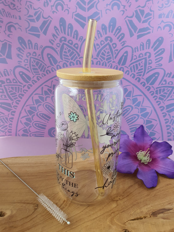 Drinkglas (blikvormige tumbler) met Bamboe deksel en rietje &