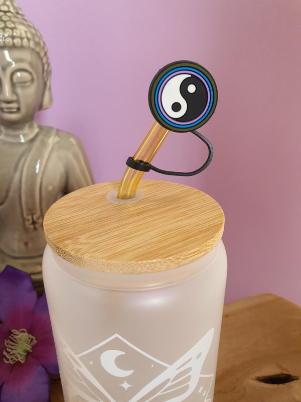 Drinkglas (blikvormige tumbler) met bamboe deksel en rietje &