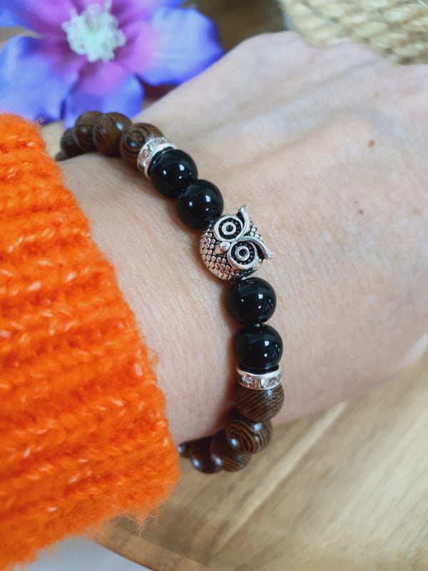 Rozenhout/Sandelhout Mala Armband Uil Zilver