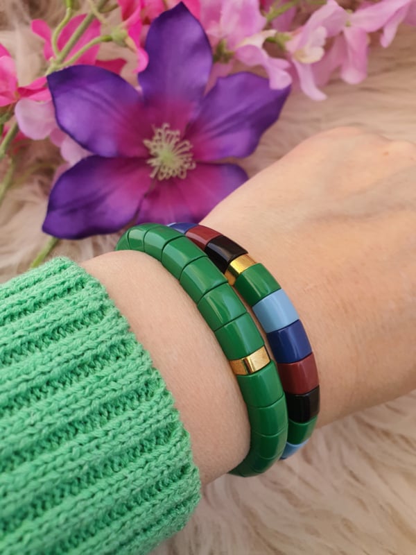 Emaille armband Groen / bruin / licht en donker blauw  / goud 18-18,5cm (nr 30)