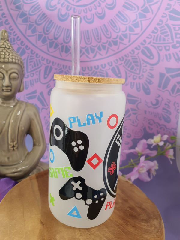 Drinkglas (blikvormige tumbler) met Bamboe deksel en rietje &