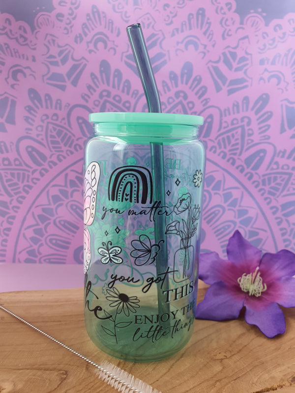 Drinkglas (blikvormige tumbler) met kunststof deksel en rietje &