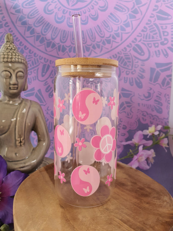 Drinkglas (blikvormige tumbler) met Bamboe deksel en rietje &