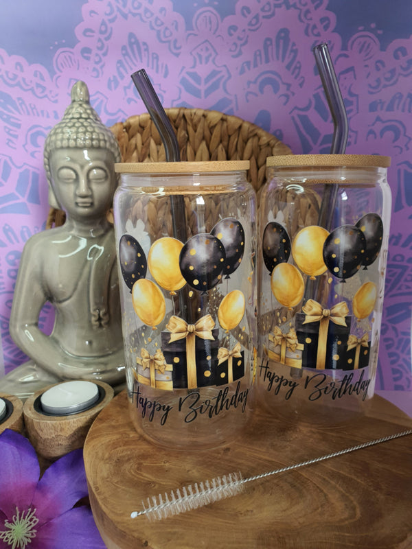 Drinkglas (blikvormige tumbler) met bamboe deksel en rietje &