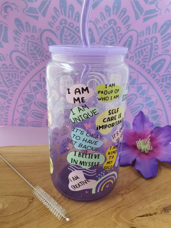 Drinkglas (blikvormige tumbler) met kunststof deksel en rietje &