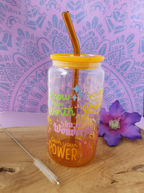 Drinkglas (blikvormige tumbler) met kunststof deksel en rietje &