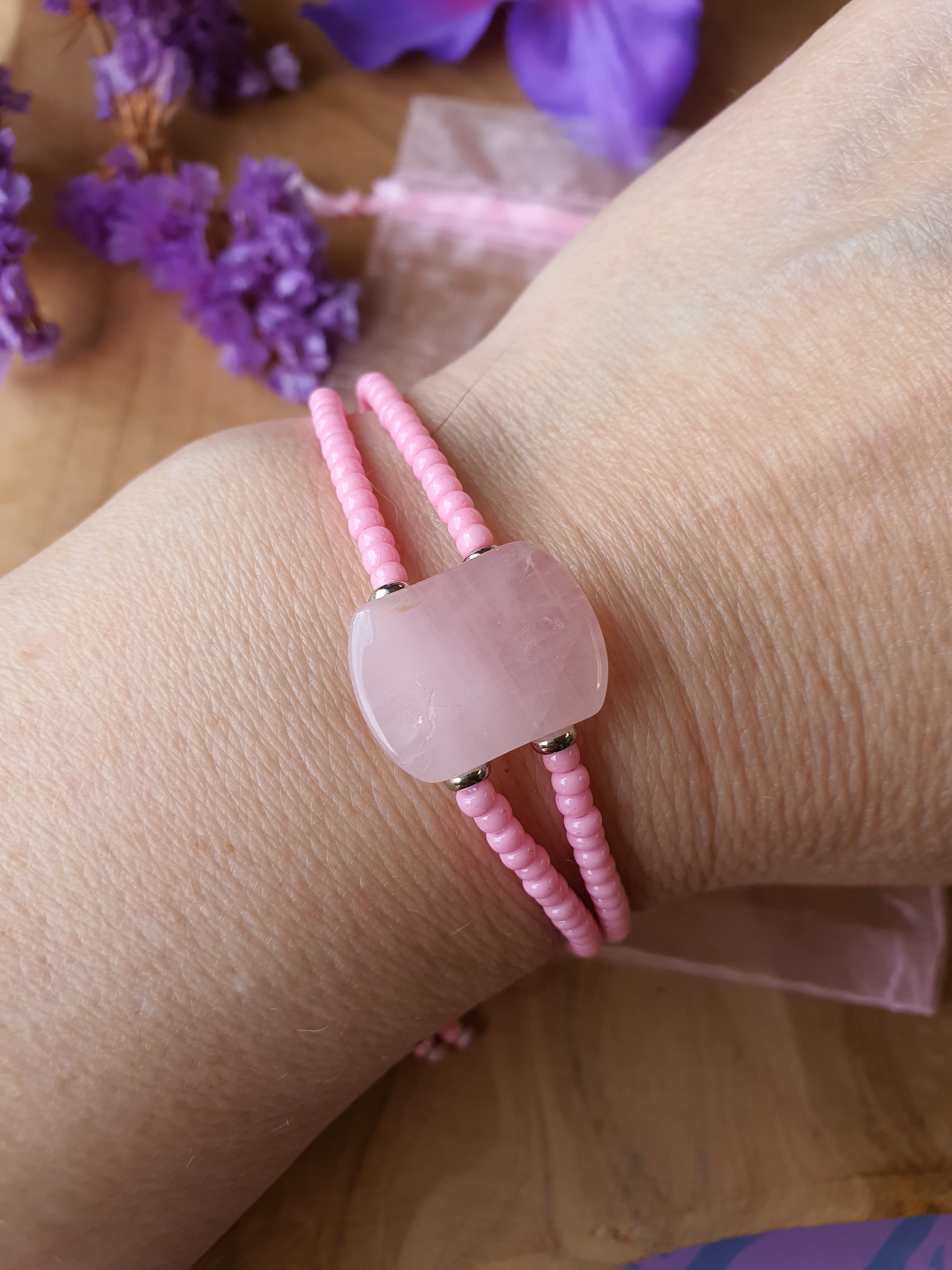 Rozenkwarts edelsteen armband handgemaakt met miyuki kralen (101)