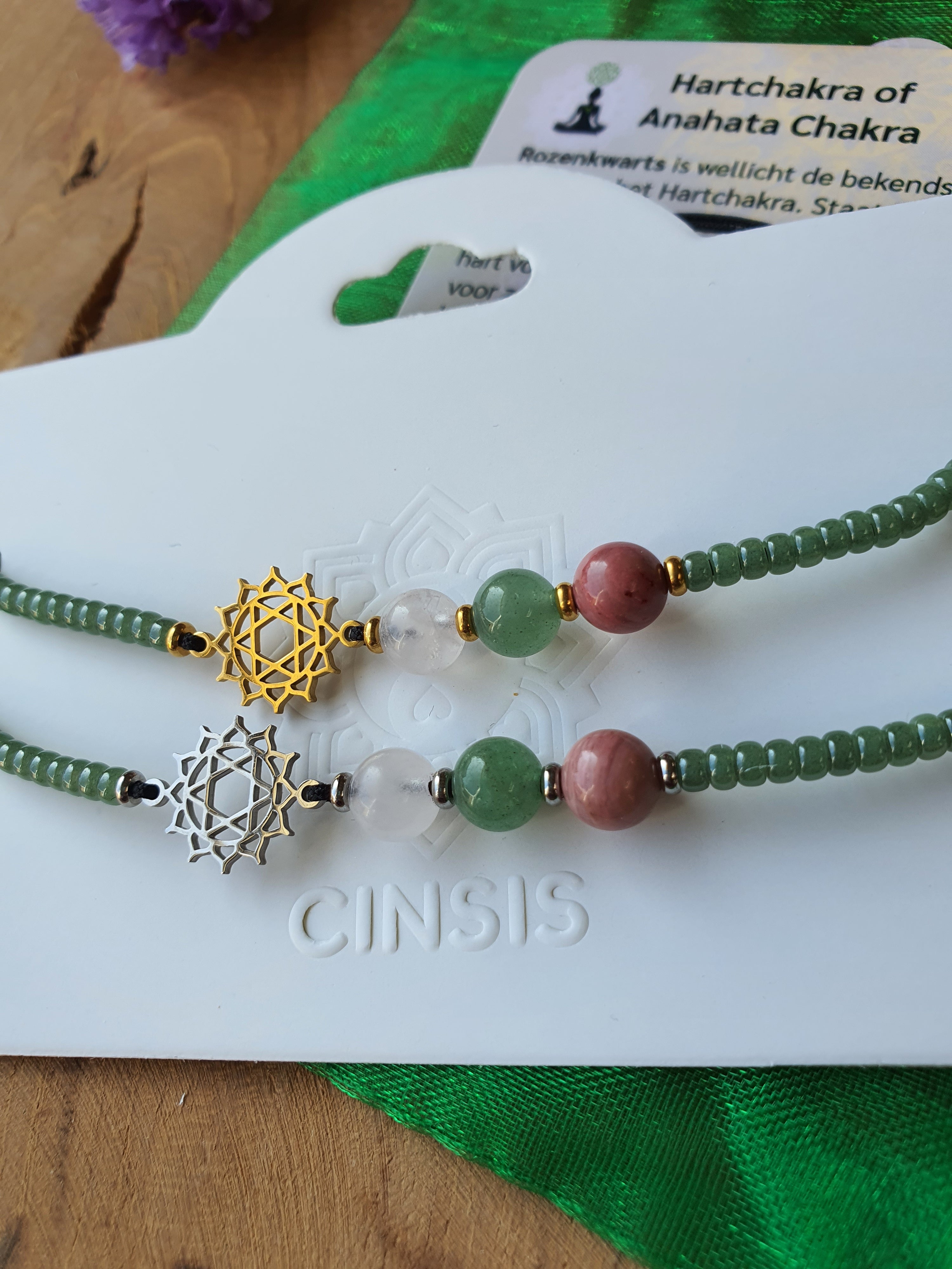 Edelstenen Hartchakra Armband handgemaakt met RVS Symbool