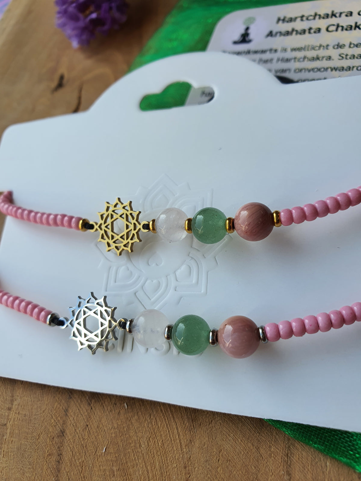 Edelstenen Hartchakra Armband handgemaakt met RVS Symbool