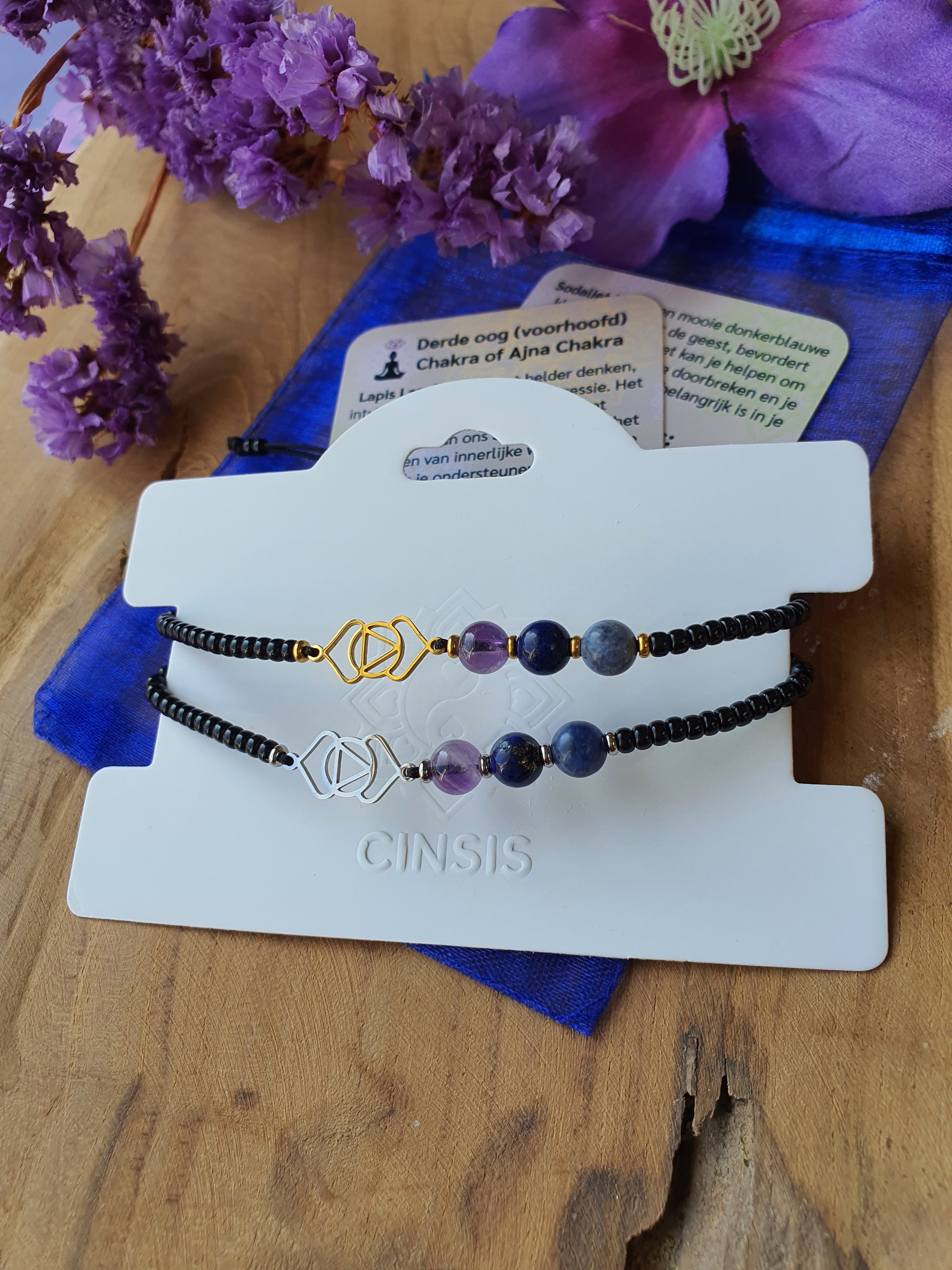 Edelstenen Derde Oogchakra Armband handgemaakt met RVS Symbool