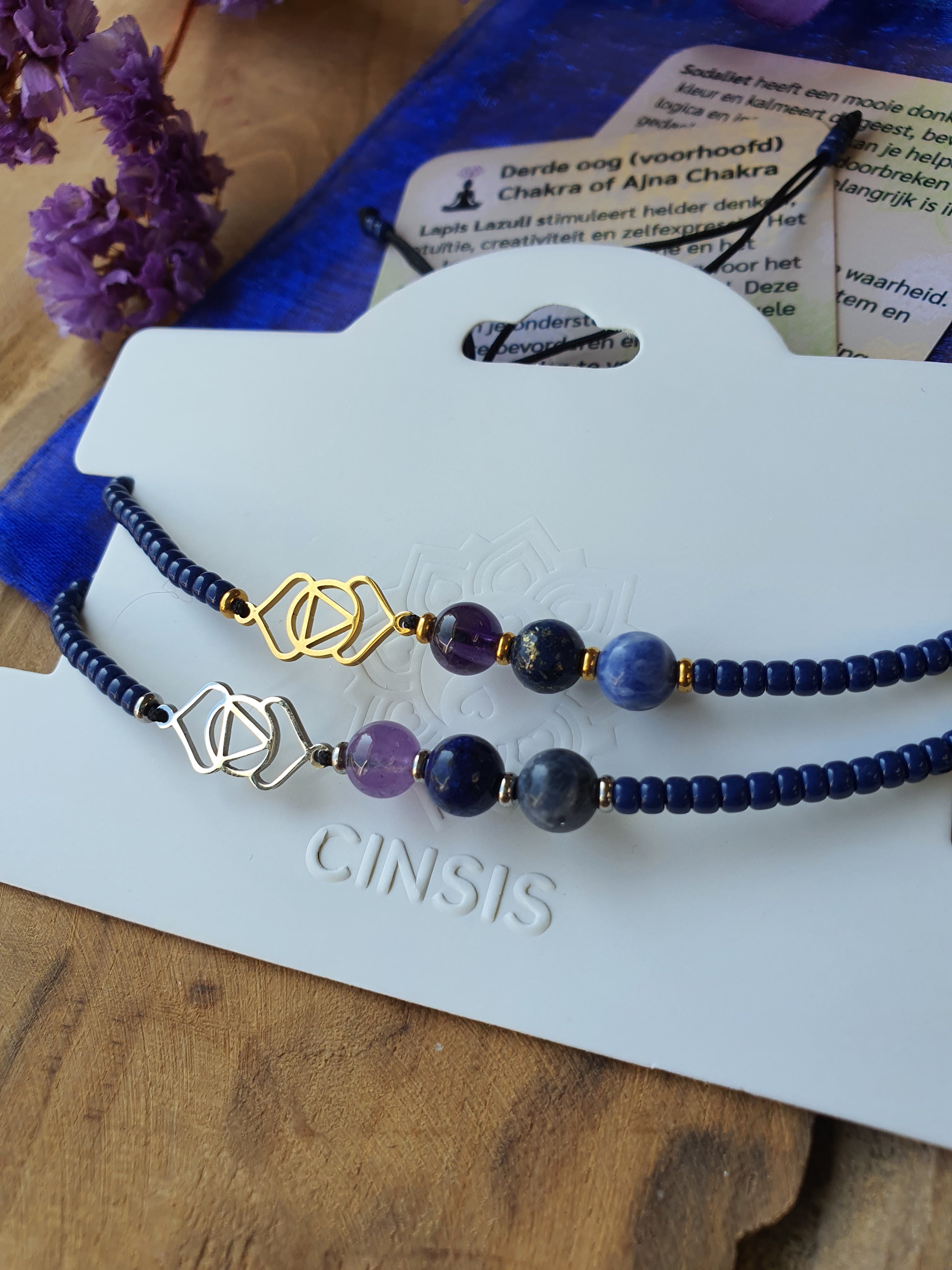 Edelstenen Derde Oogchakra Armband handgemaakt met RVS Symbool