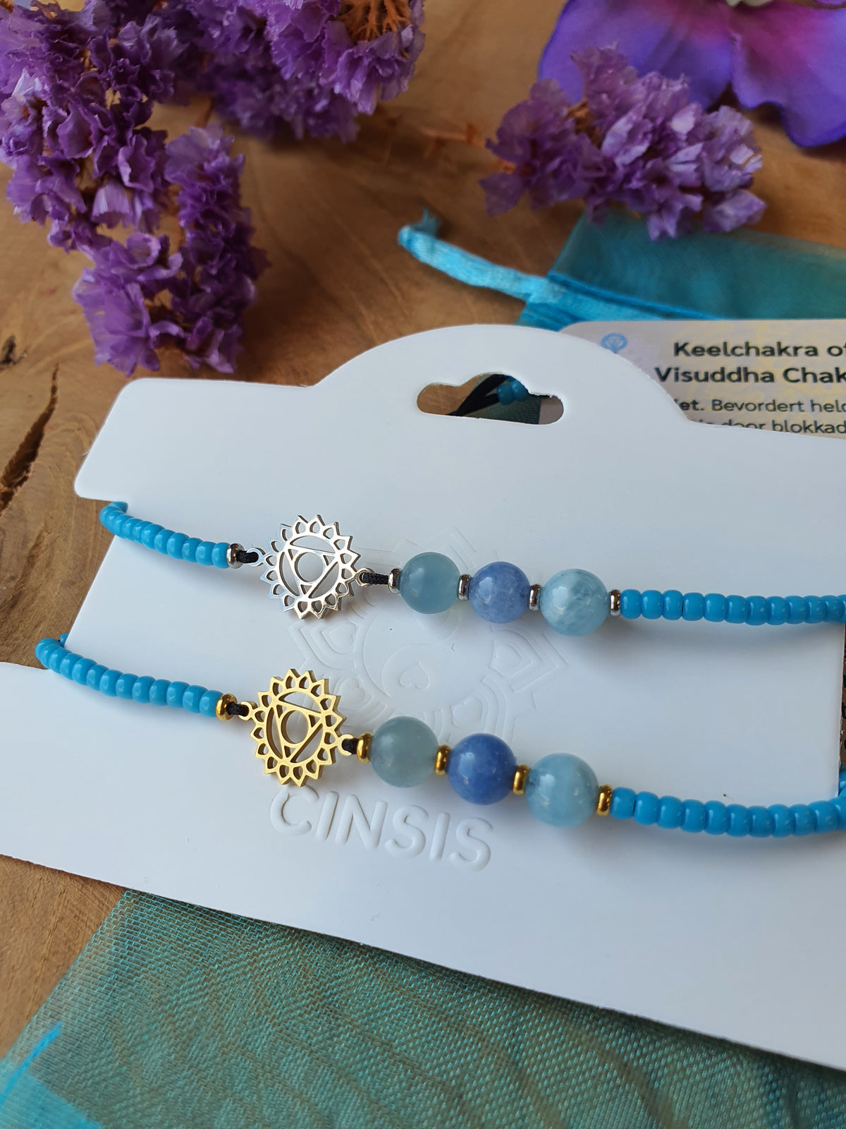 Edelstenen Keelchakra Armband Handgemaakt met RVS Symbool