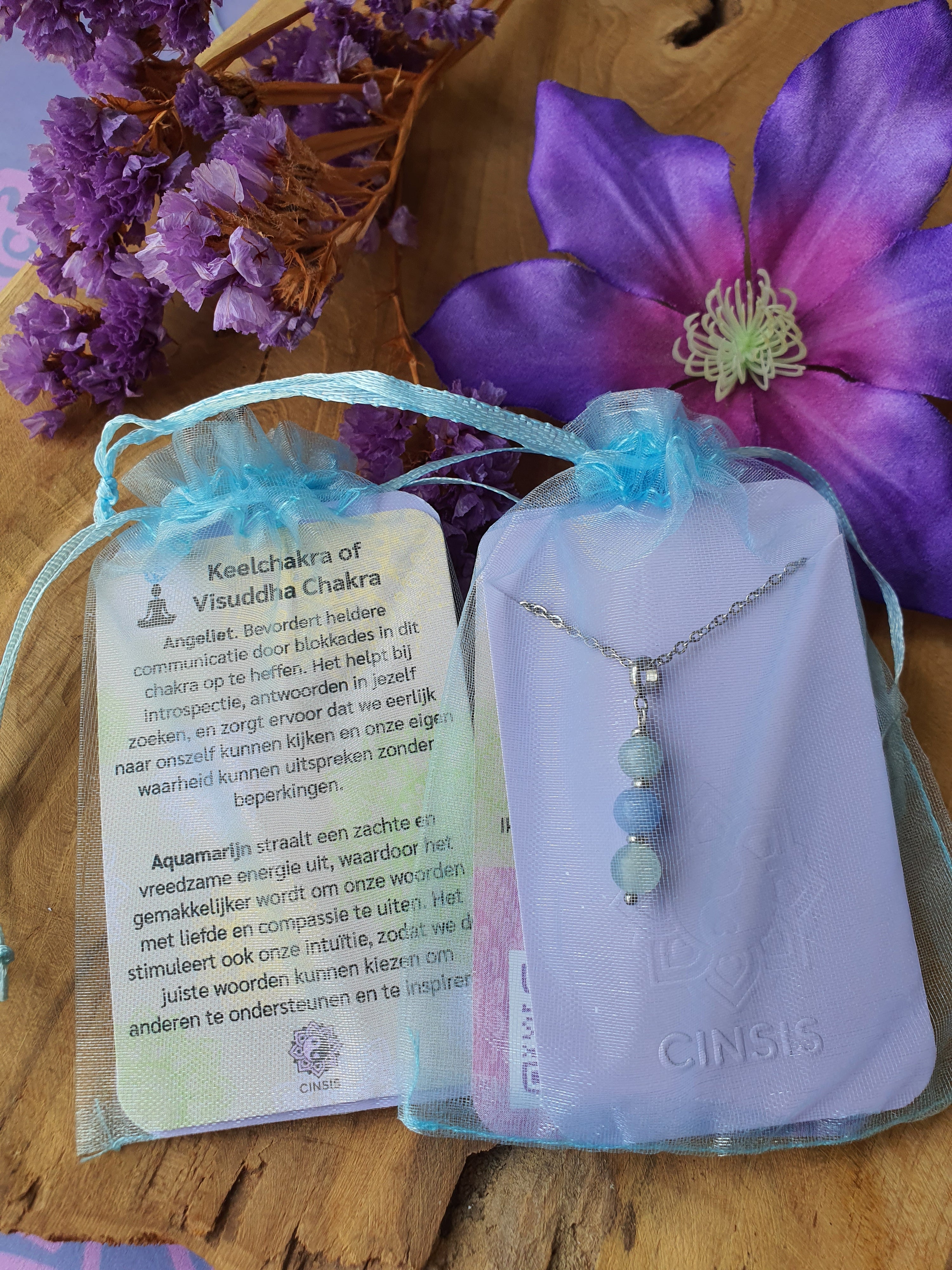 Edelstenen Keelchakra Hanger met RVS Ketting