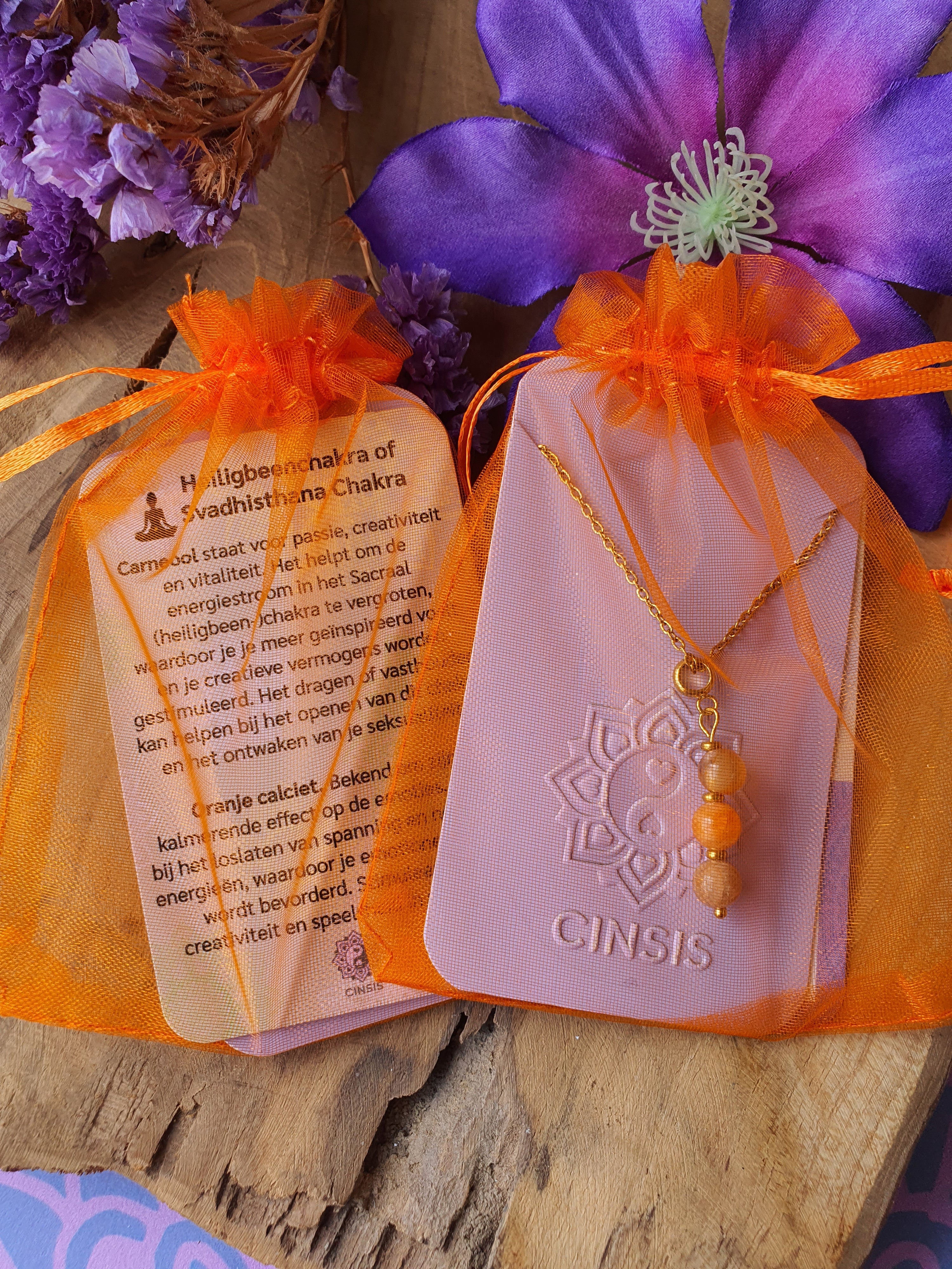 Edelstenen Sacraalchakra hanger met RVS ketting