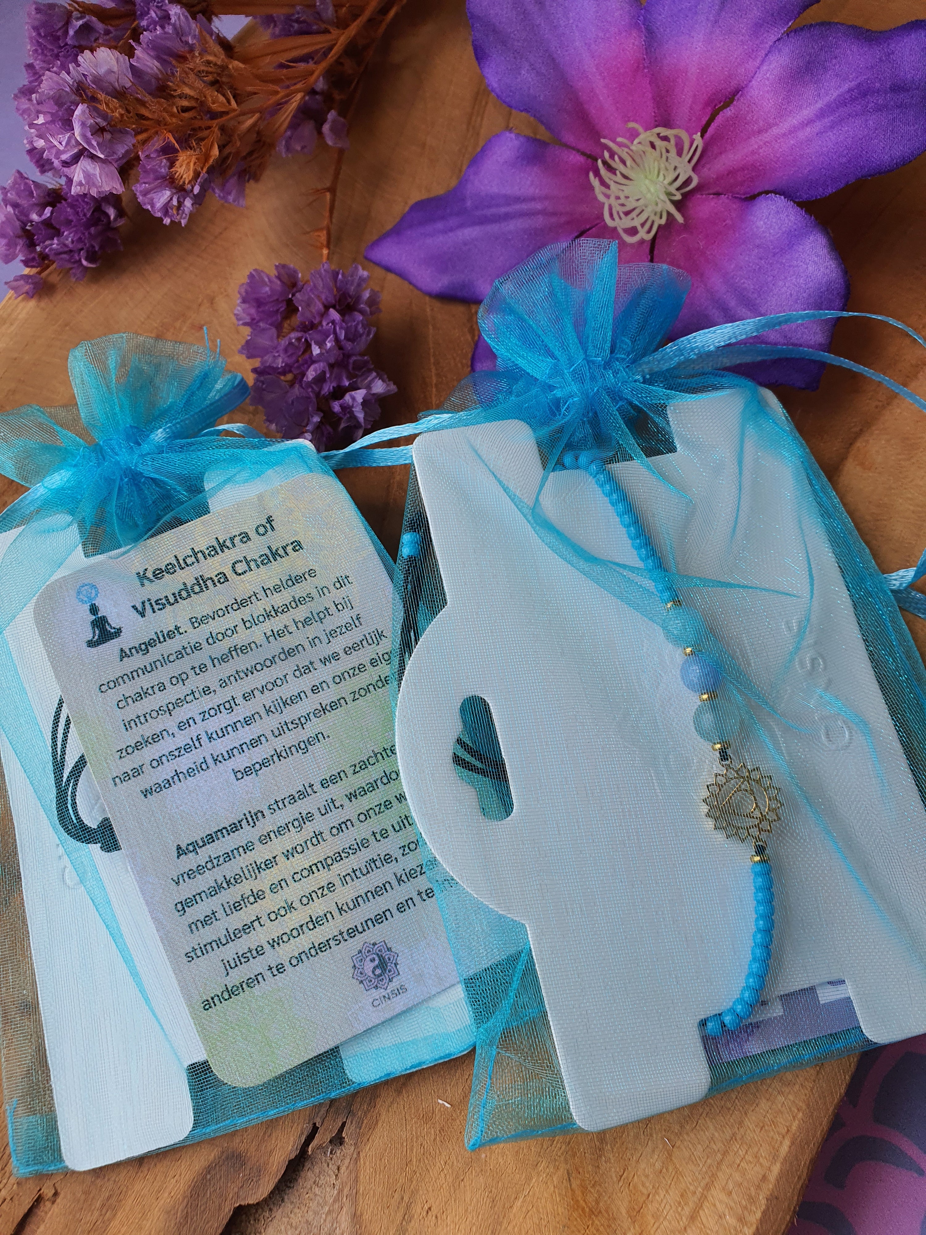 Edelstenen Keelchakra Armband Handgemaakt met RVS Symbool