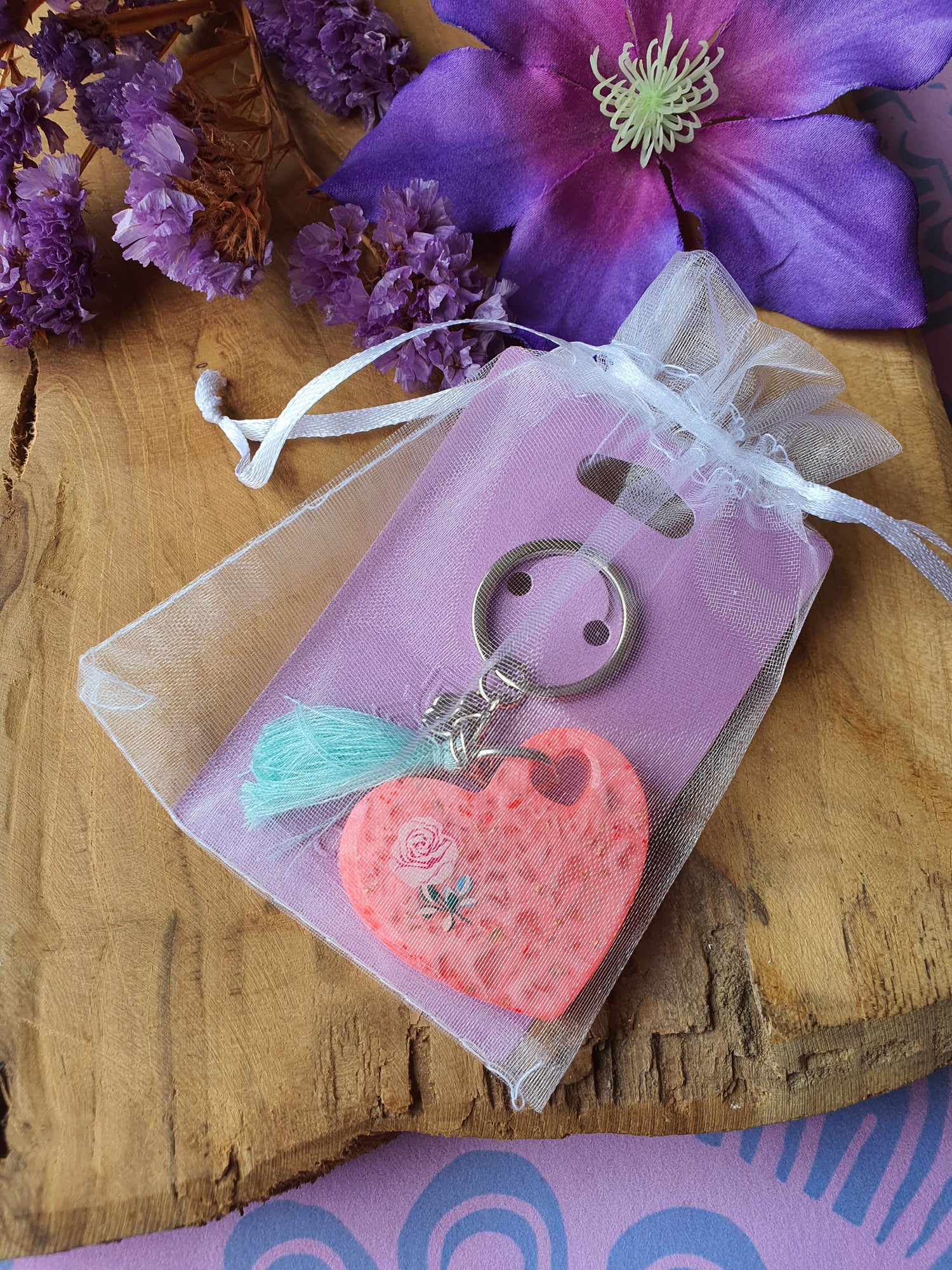 Orgonite Sleutelhanger Hart Rozenkwarts met Bergkristal