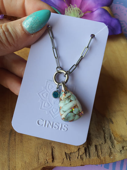Orgonite Hanger Larimar en Bergkristal met RVS ketting en zirkonia bedel (nr 1018)