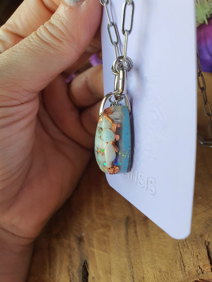 Orgonite Hanger Larimar en Bergkristal met RVS ketting en zirkonia bedel (nr 1018)