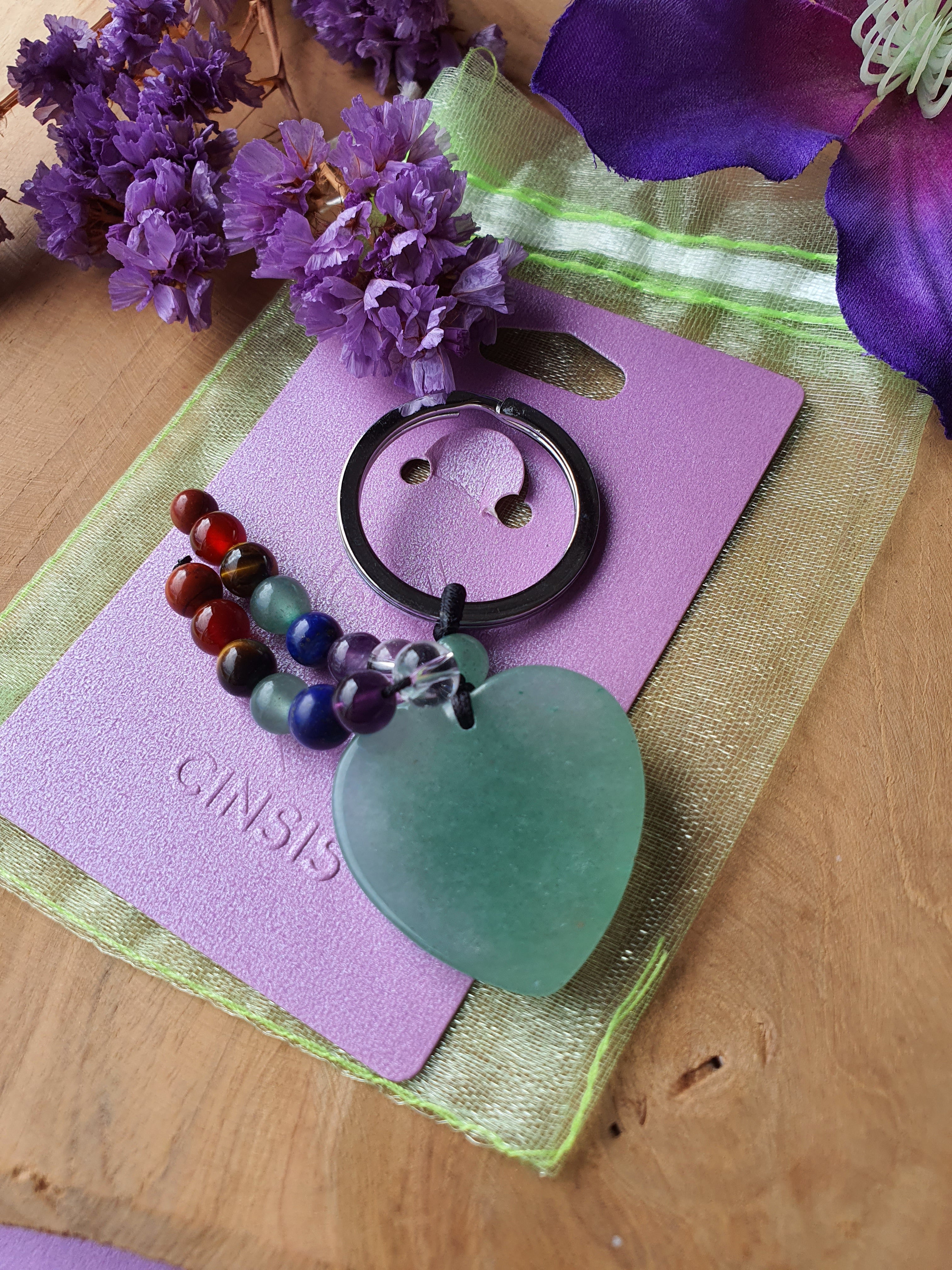 Groene Aventurijn hart / 7 chakra sleutelhanger (2)
