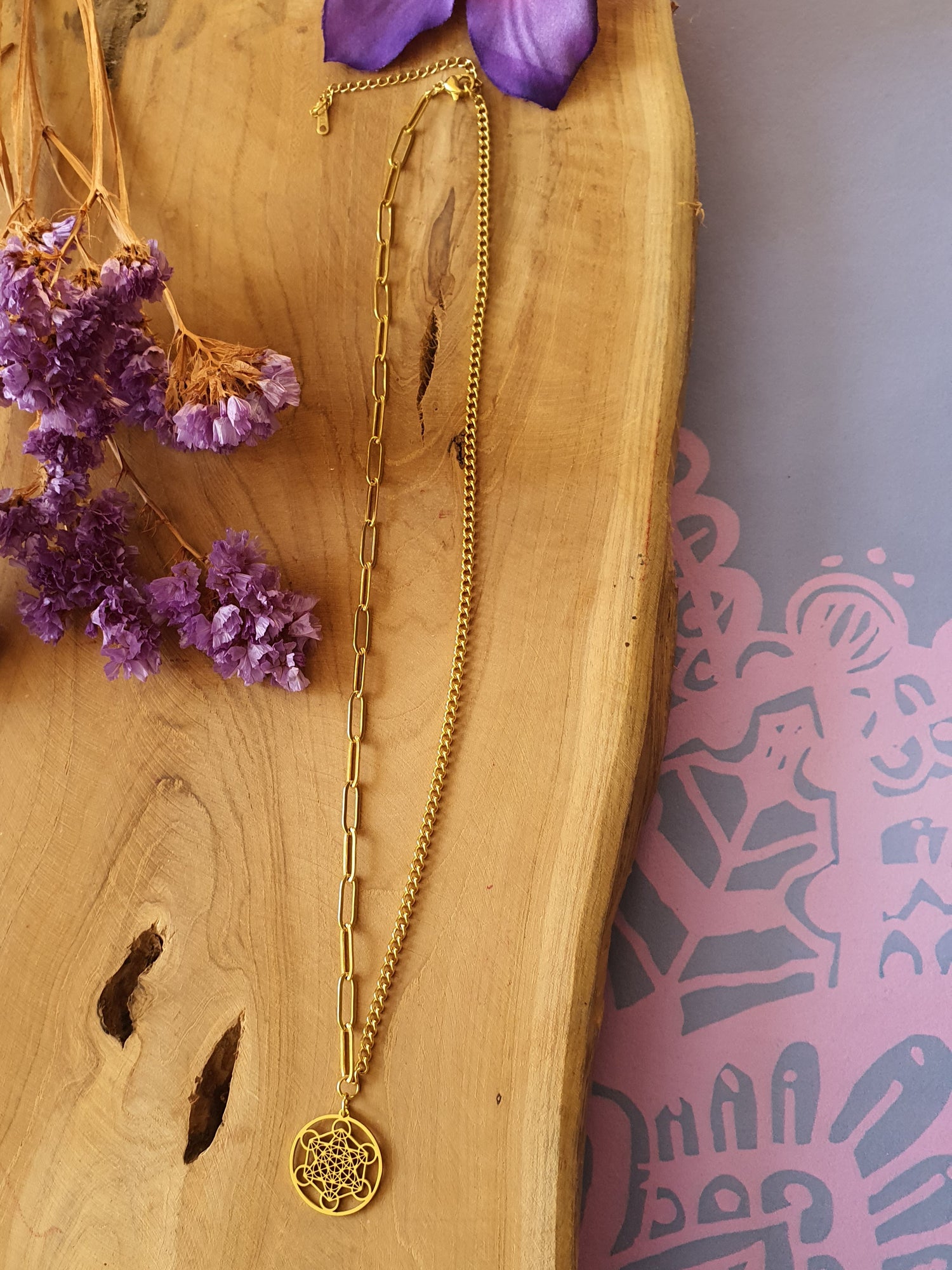 Metatron kubus hanger klein + ketting RVS goud