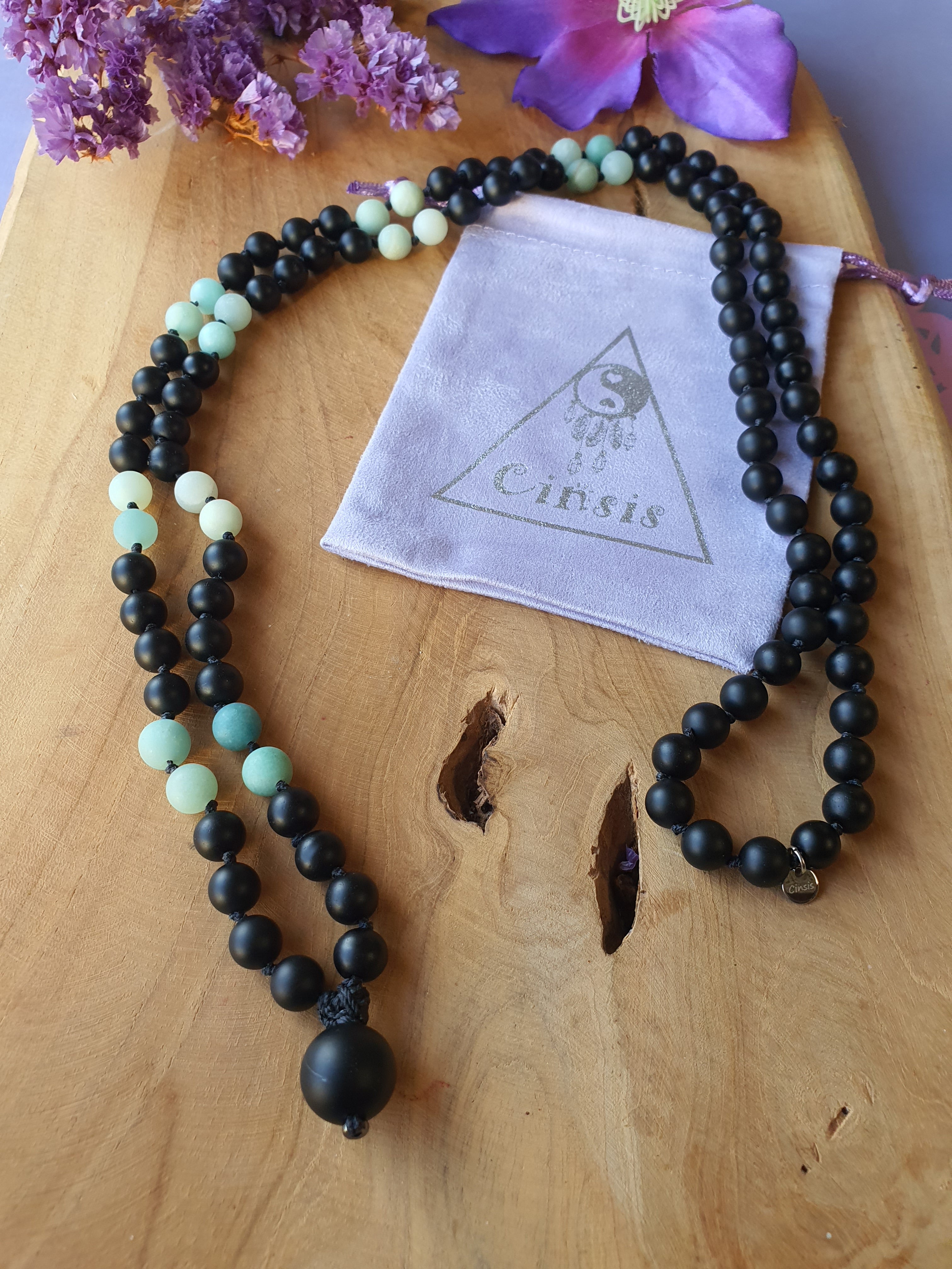 Edelstenen Mala Onyx met Amazoniet (matte kralen)