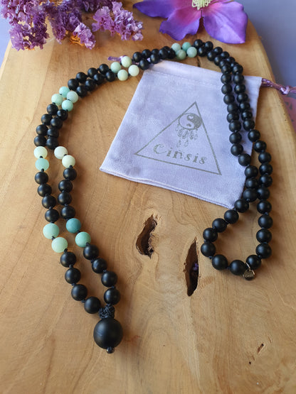 Edelstenen Mala Onyx met Amazoniet (matte kralen)