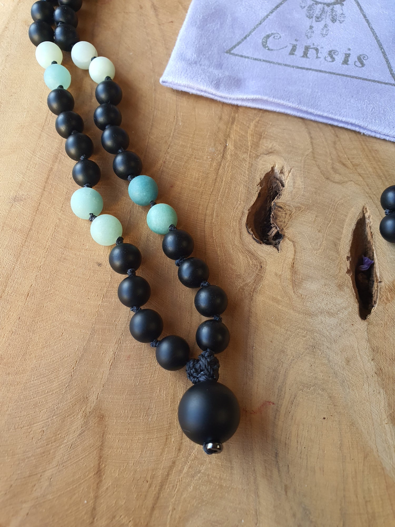 Edelstenen Mala Onyx met Amazoniet (matte kralen)