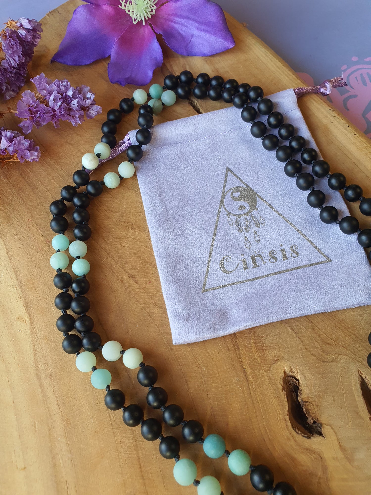 Edelstenen Mala Onyx met Amazoniet (matte kralen)