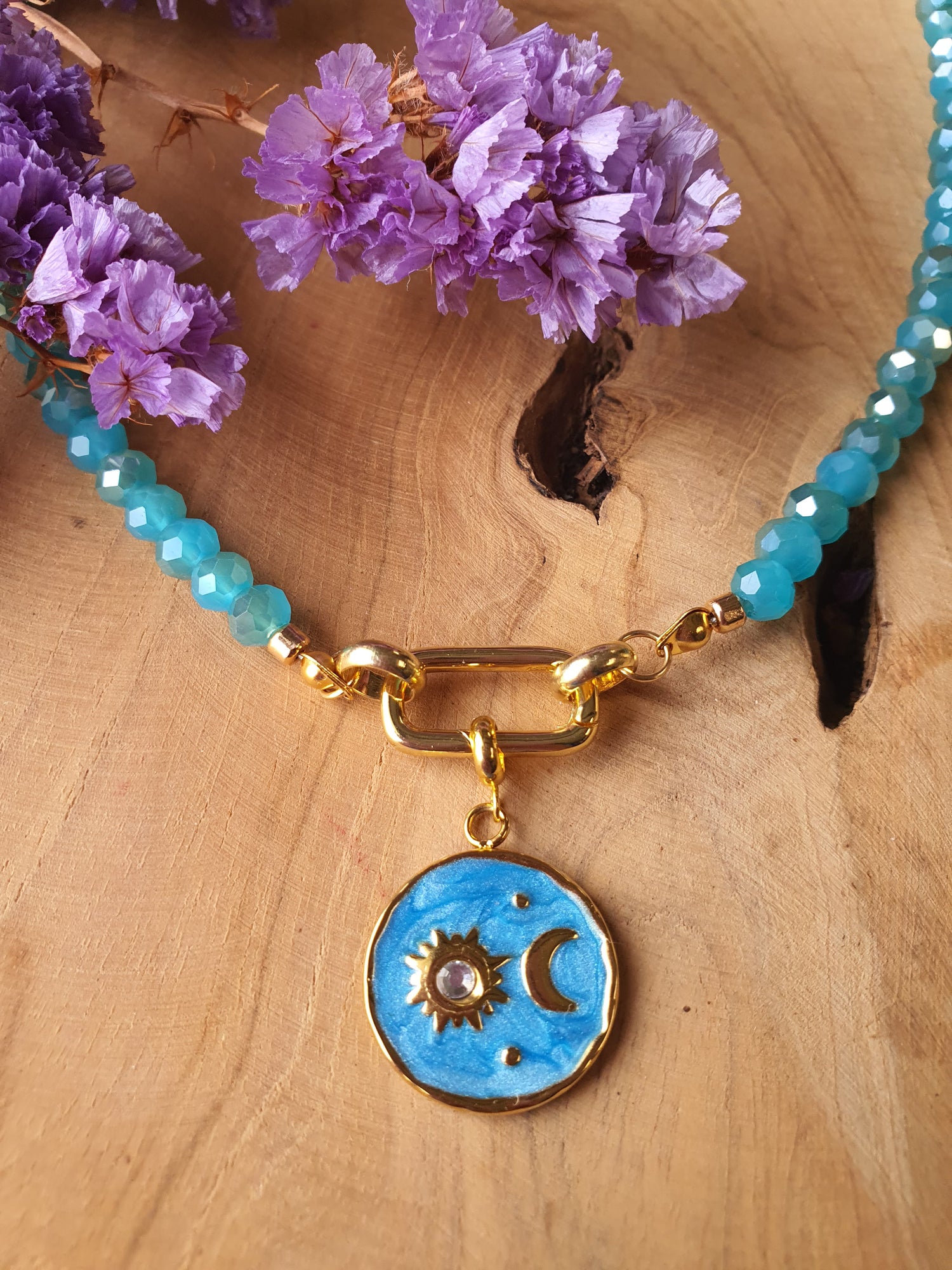 Kristal facet kralen ketting met bijpassende hanger (blauw, rechthoekig slotje)