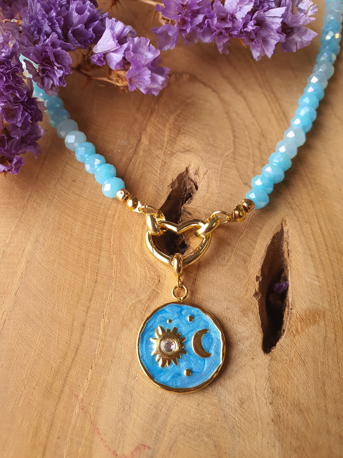 Kristal facet kralen ketting met bijpassende hanger (blauw, hart slotje)