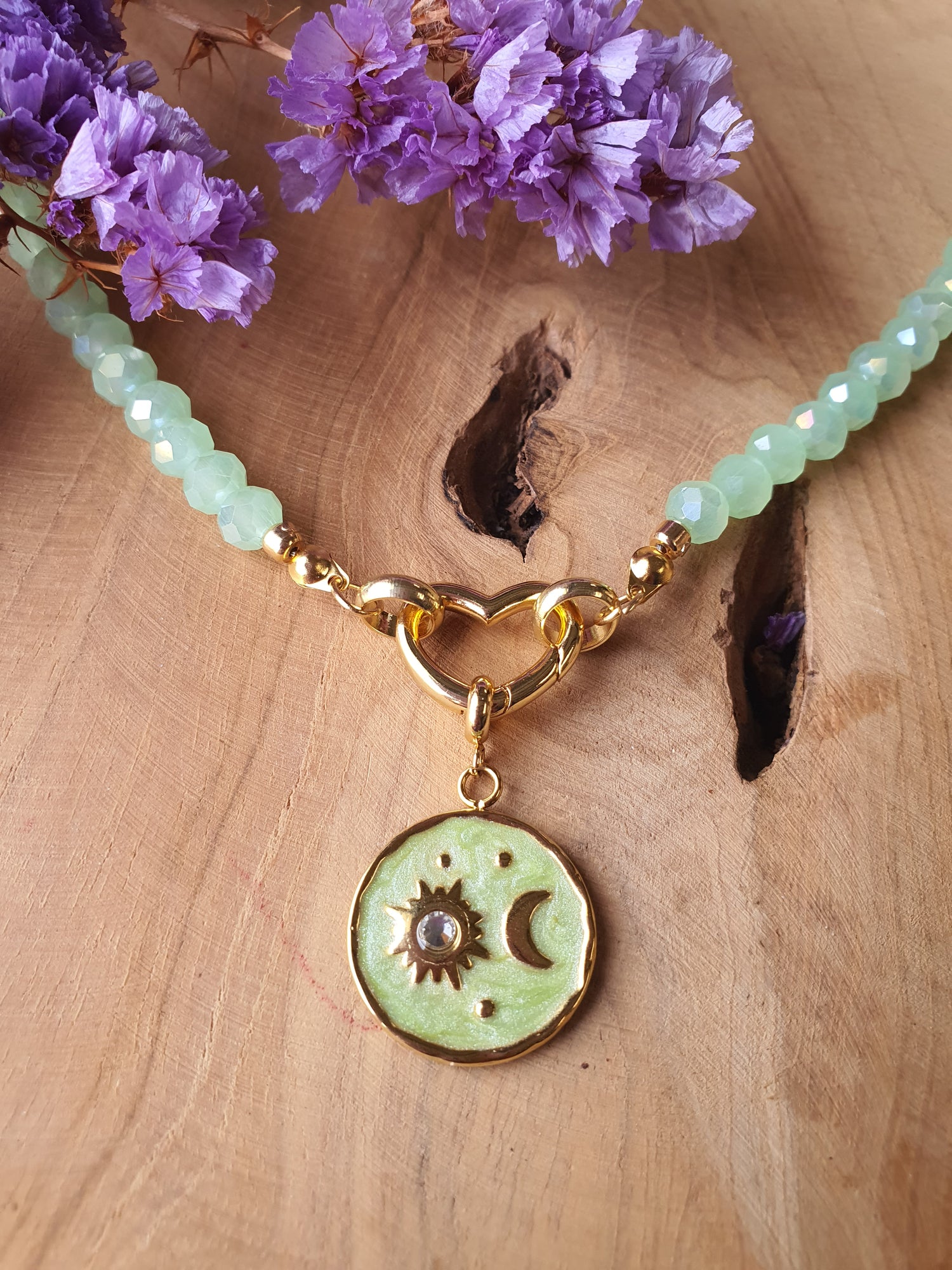 Kristal facet kralen ketting met bijpassende hanger (groen, hart slotje)