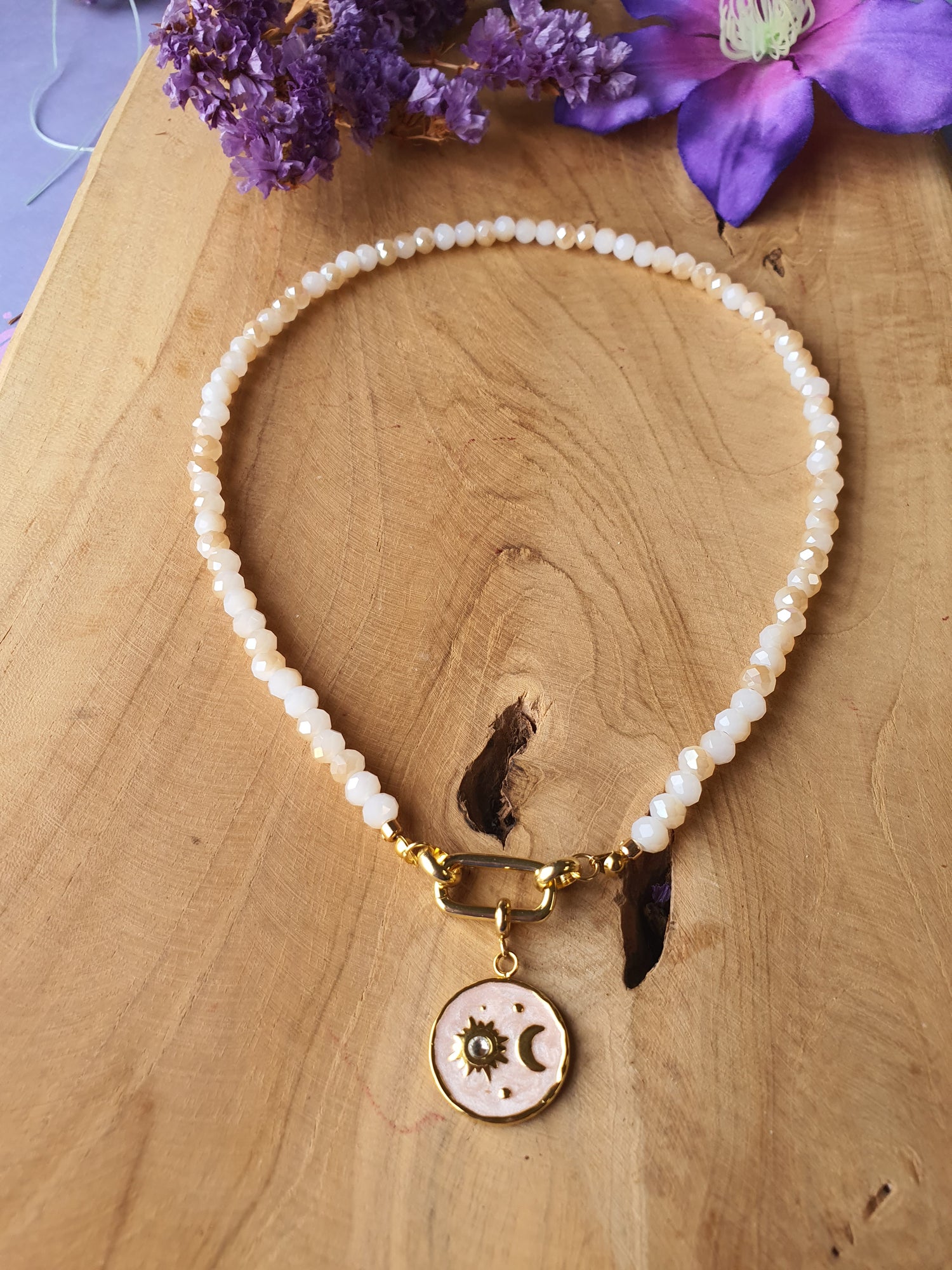 Kristal facet kralen ketting met bijpassende hanger (zalm, rechthoekig slotje)