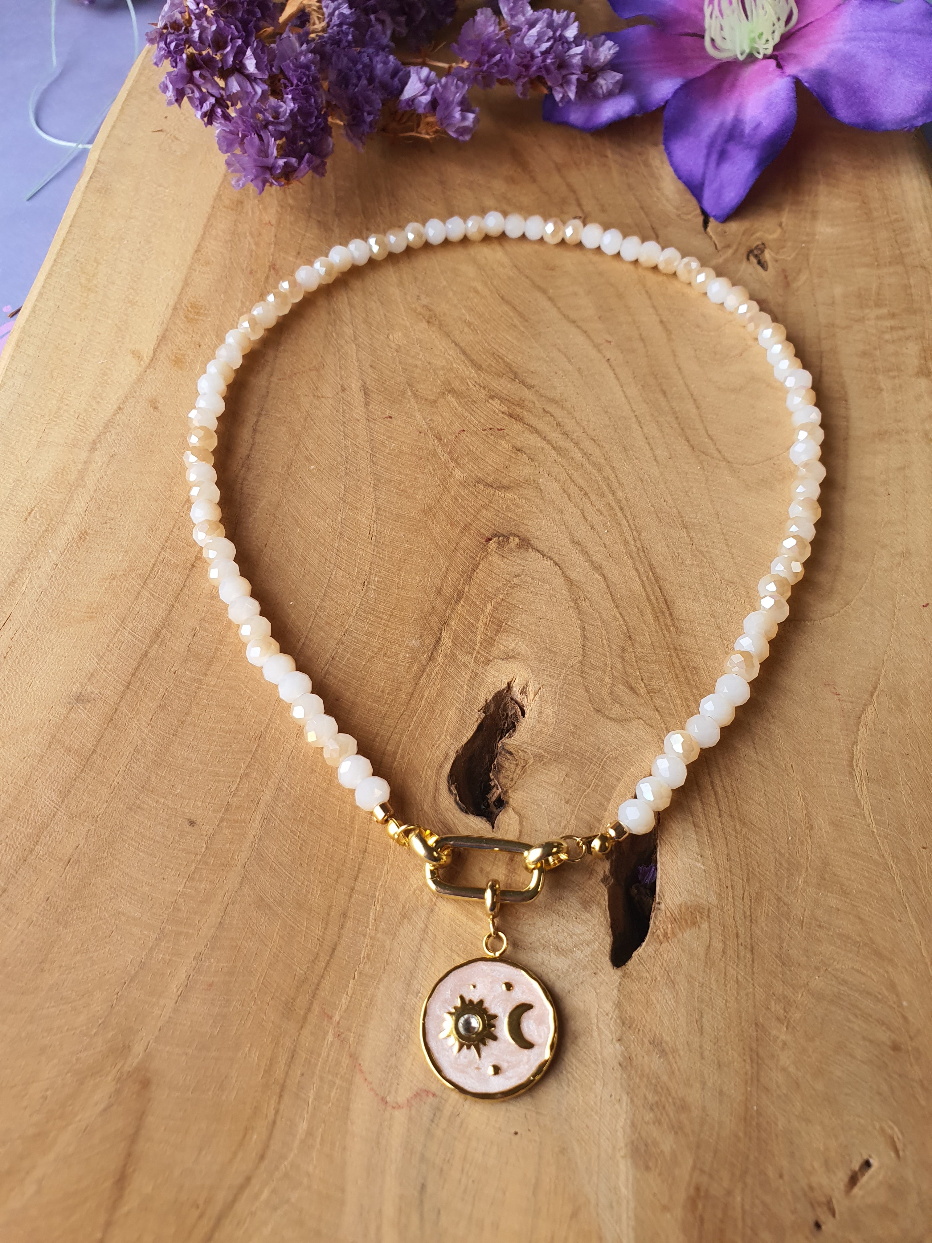 Kristal facet kralen ketting met bijpassende hanger (zalm, rechthoekig slotje)