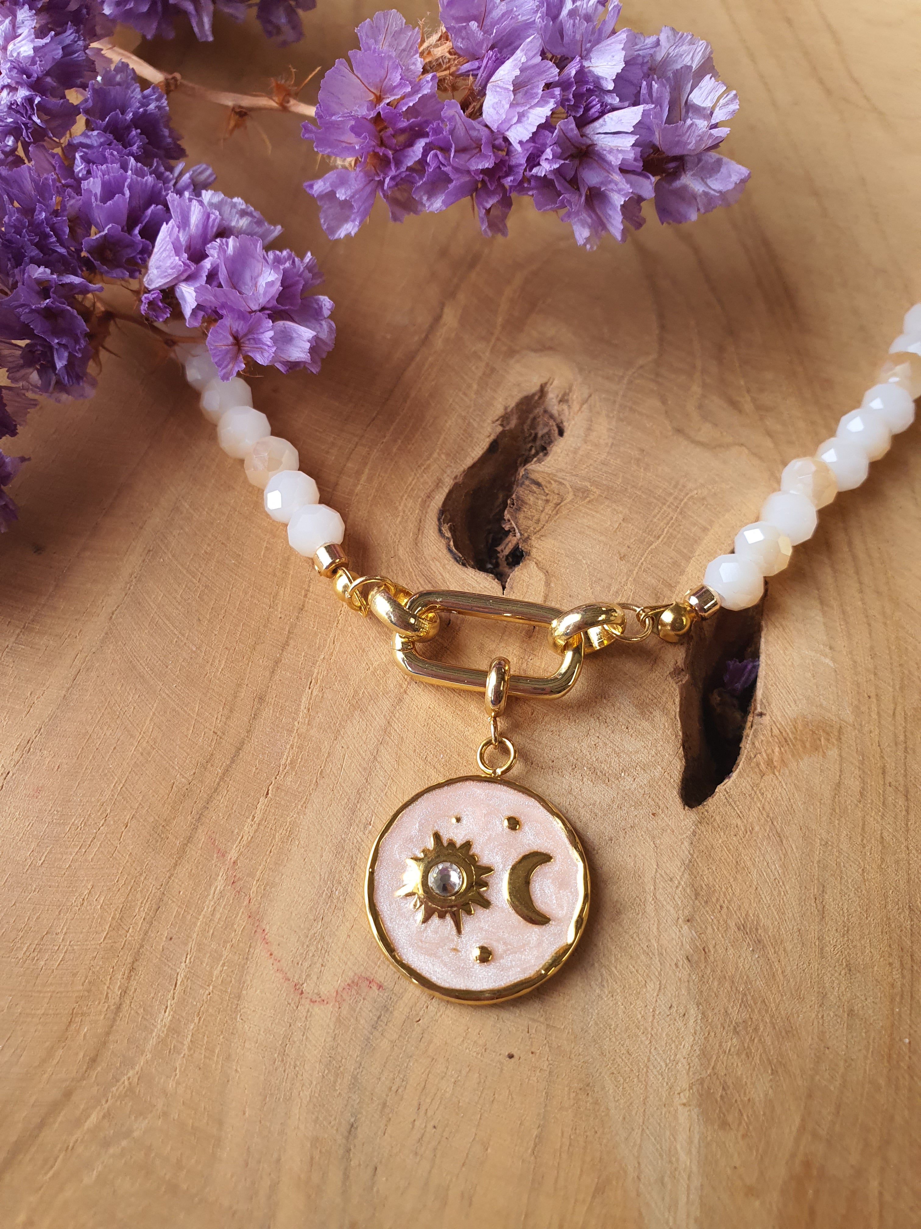 Kristal facet kralen ketting met bijpassende hanger (zalm, rechthoekig slotje)