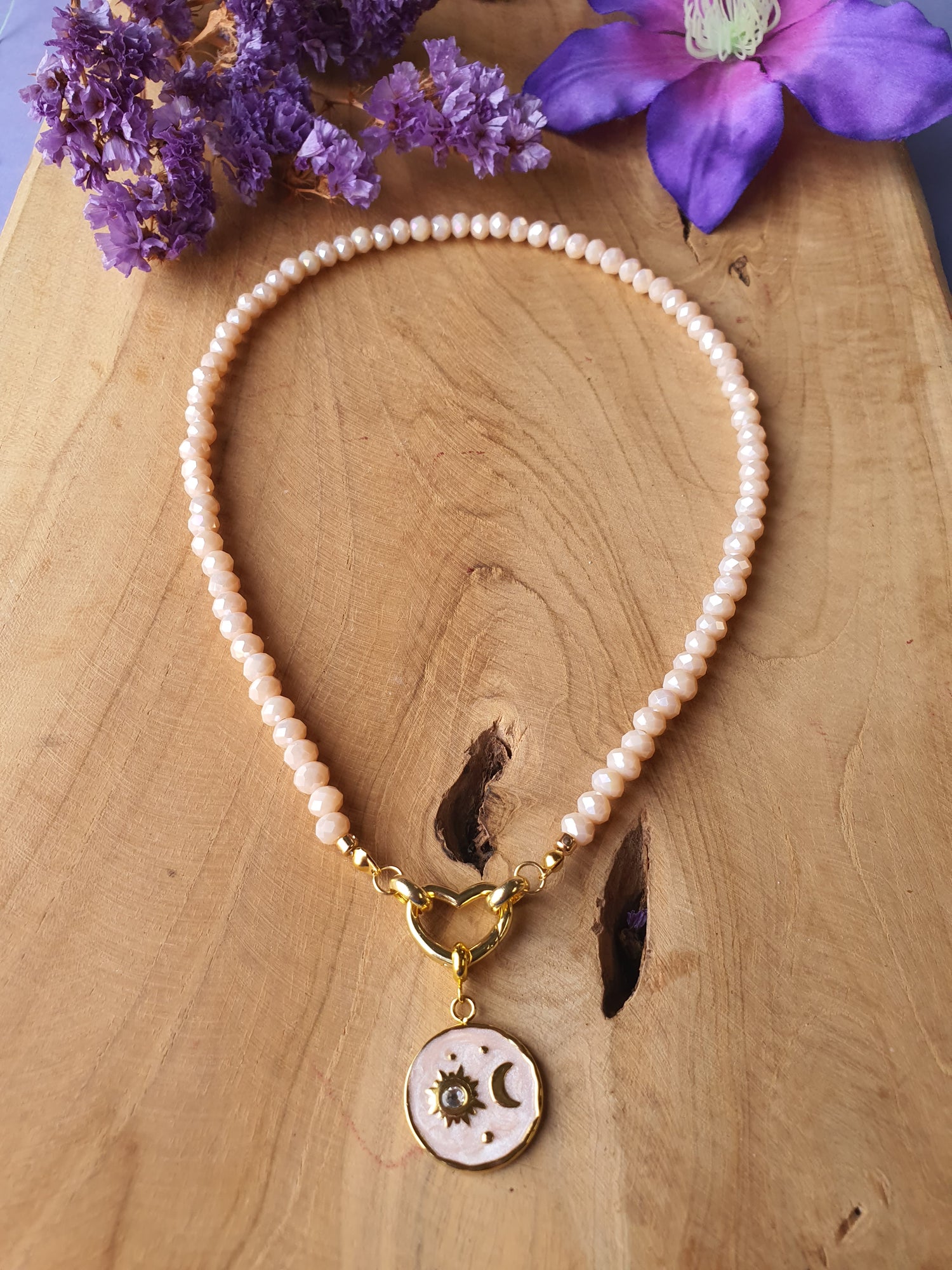 Kristal facet kralen ketting met bijpassende hanger (zalm, hart slotje)