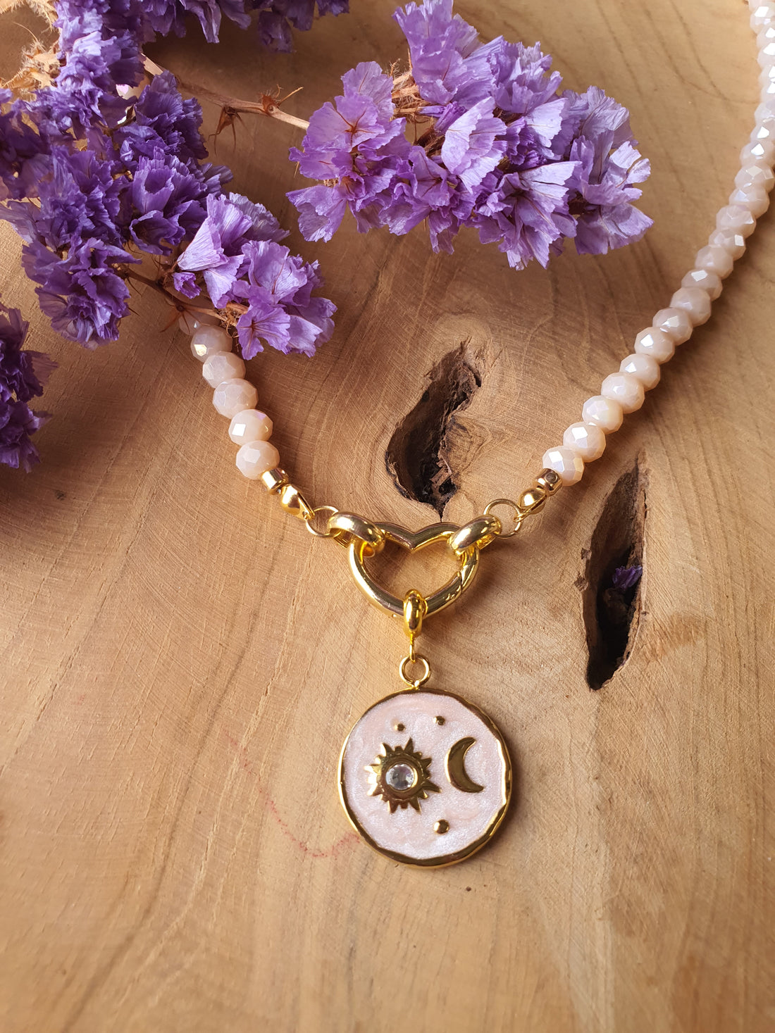 Kristal facet kralen ketting met bijpassende hanger (zalm, hart slotje)