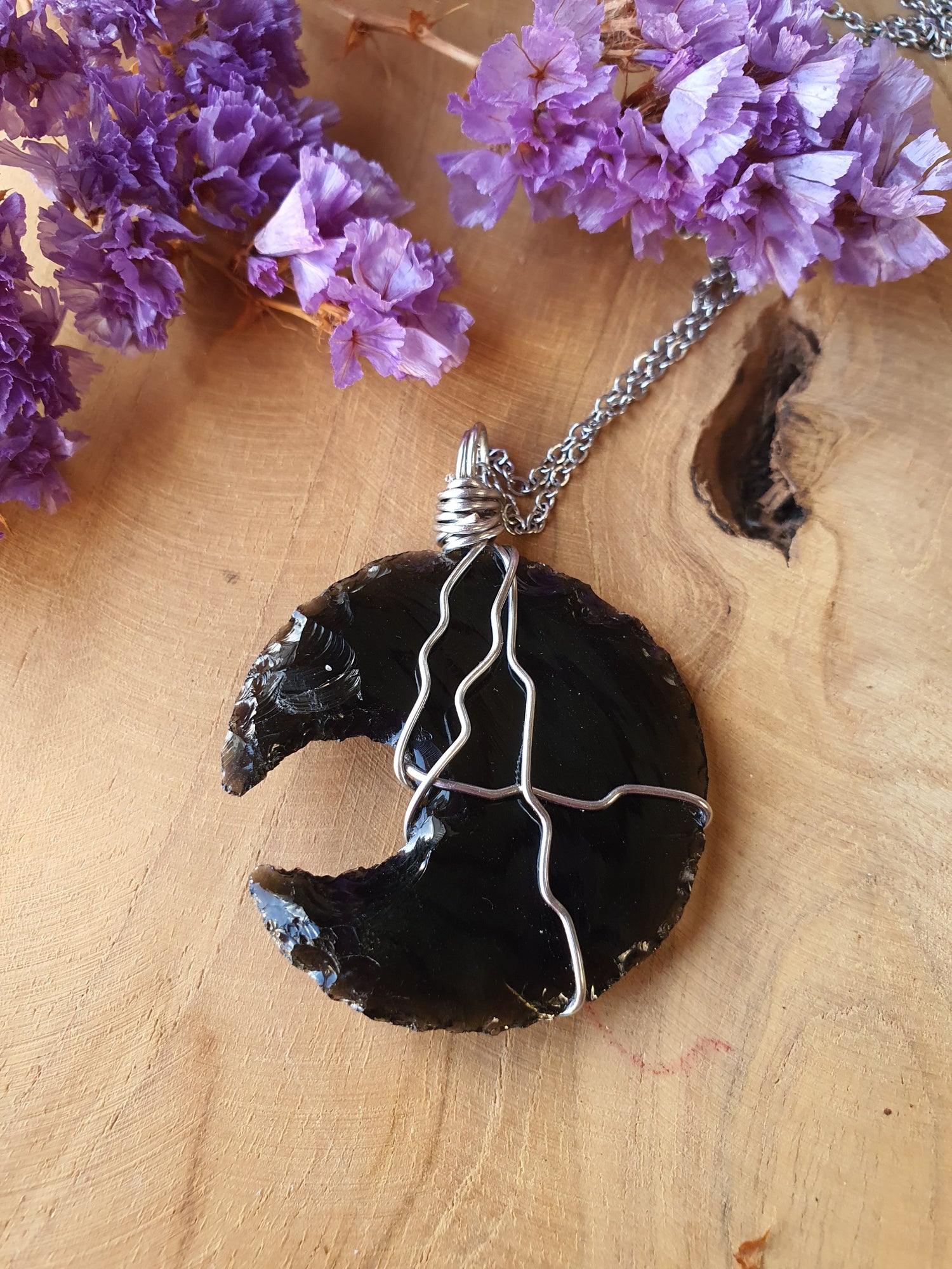 Wire wrapped Maan hanger Obsidiaan. (nr 19)