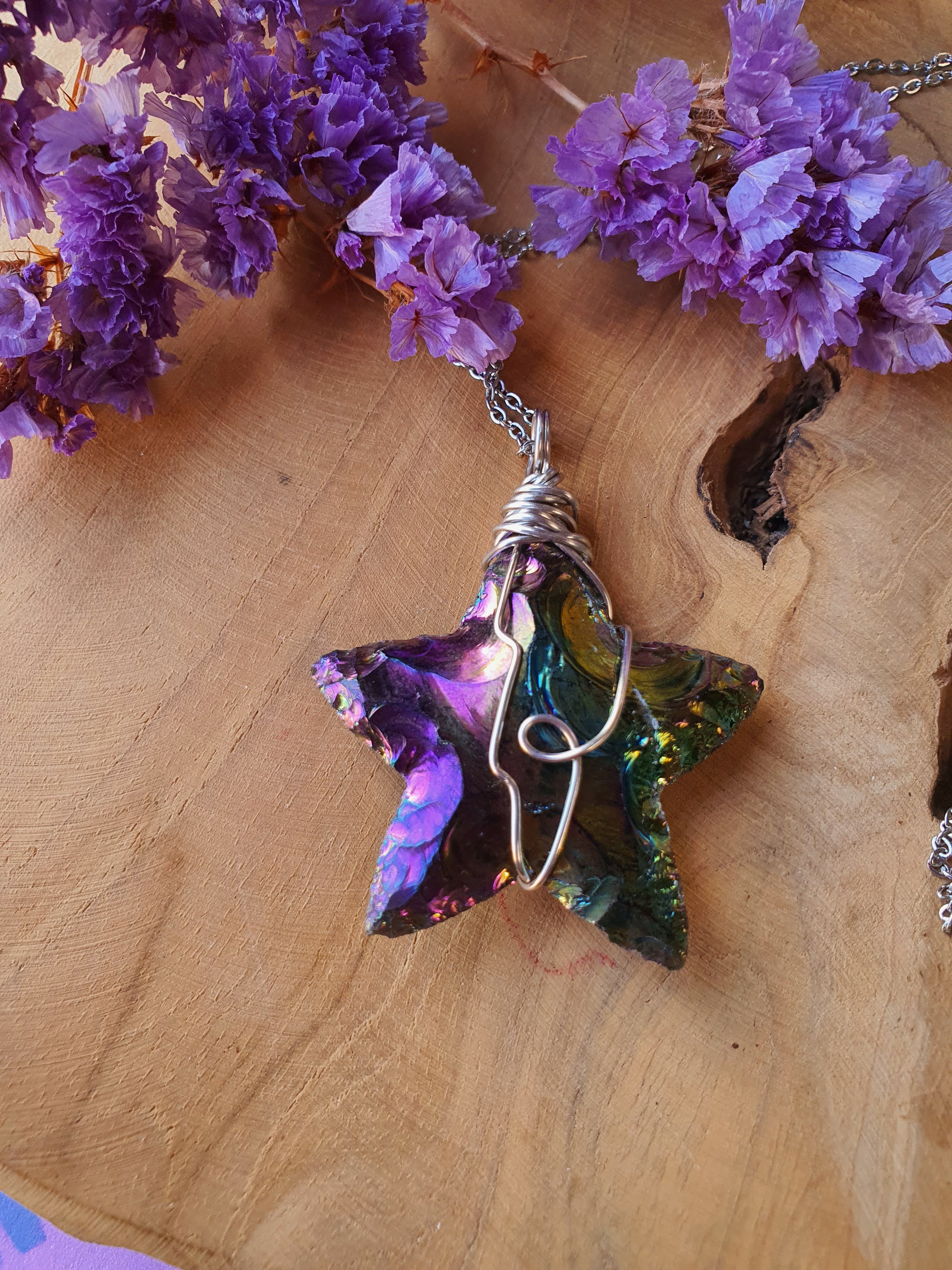 Wire wrapped Ster hanger Rainbow (regenboog/titanium) aura. (nr 14)