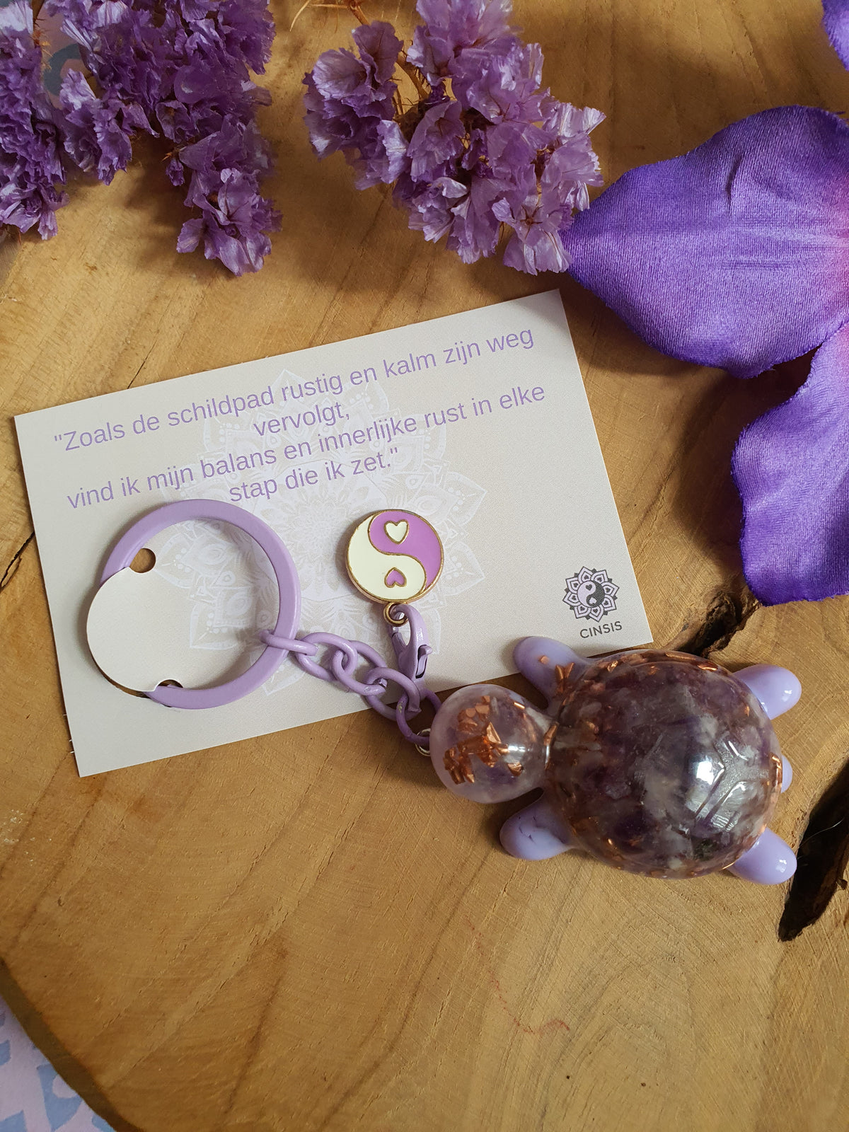Orgonite sleutelhanger Schilpad Amethist met Bergkristal