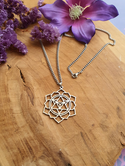 RVS zilveren Merkaba in Mandala bloem hanger met RVS zilver ketting