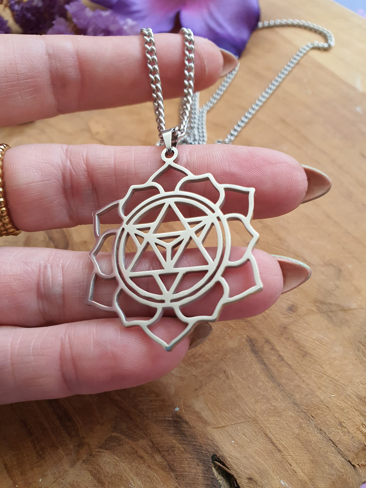 RVS zilveren Merkaba in Mandala bloem hanger met RVS zilver ketting