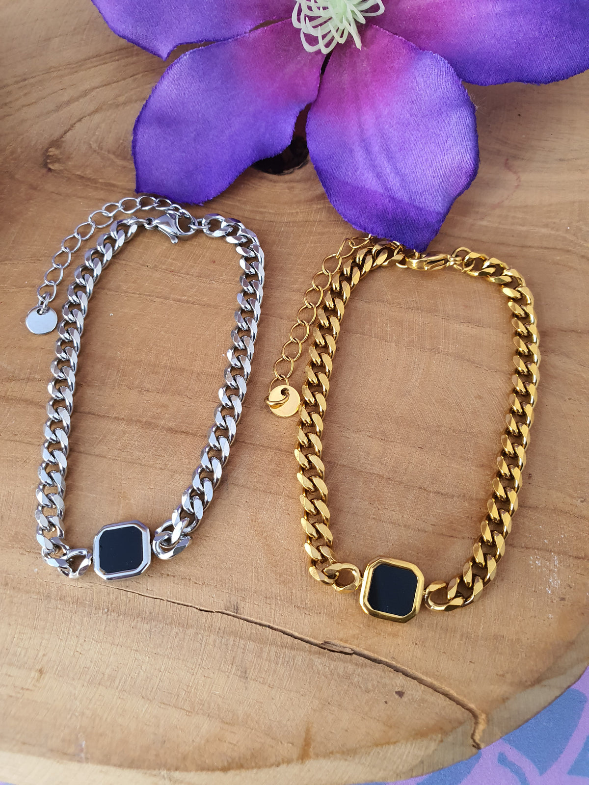 Basis Cubaanse Schakel Armband RVS met Zwart Vierkant vlak