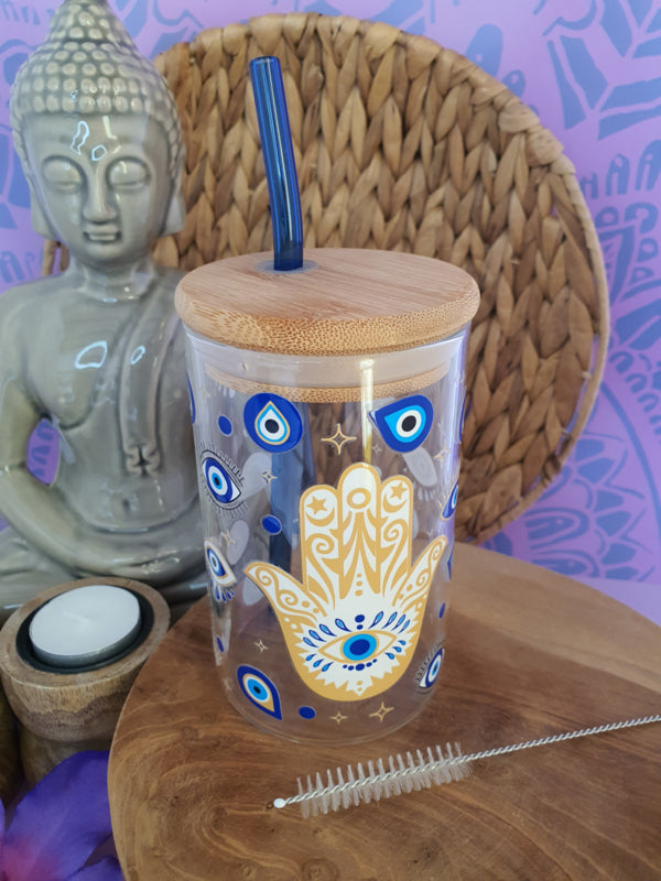 Drinkglas met handvat, bamboe deksel en rietje &