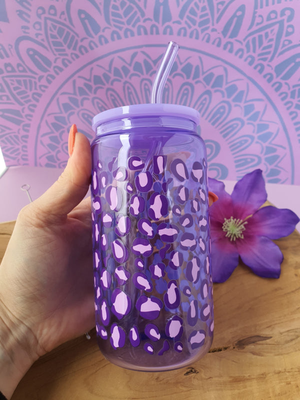 Drinkglas (blikvormige tumbler) met kunststof deksel en rietje &